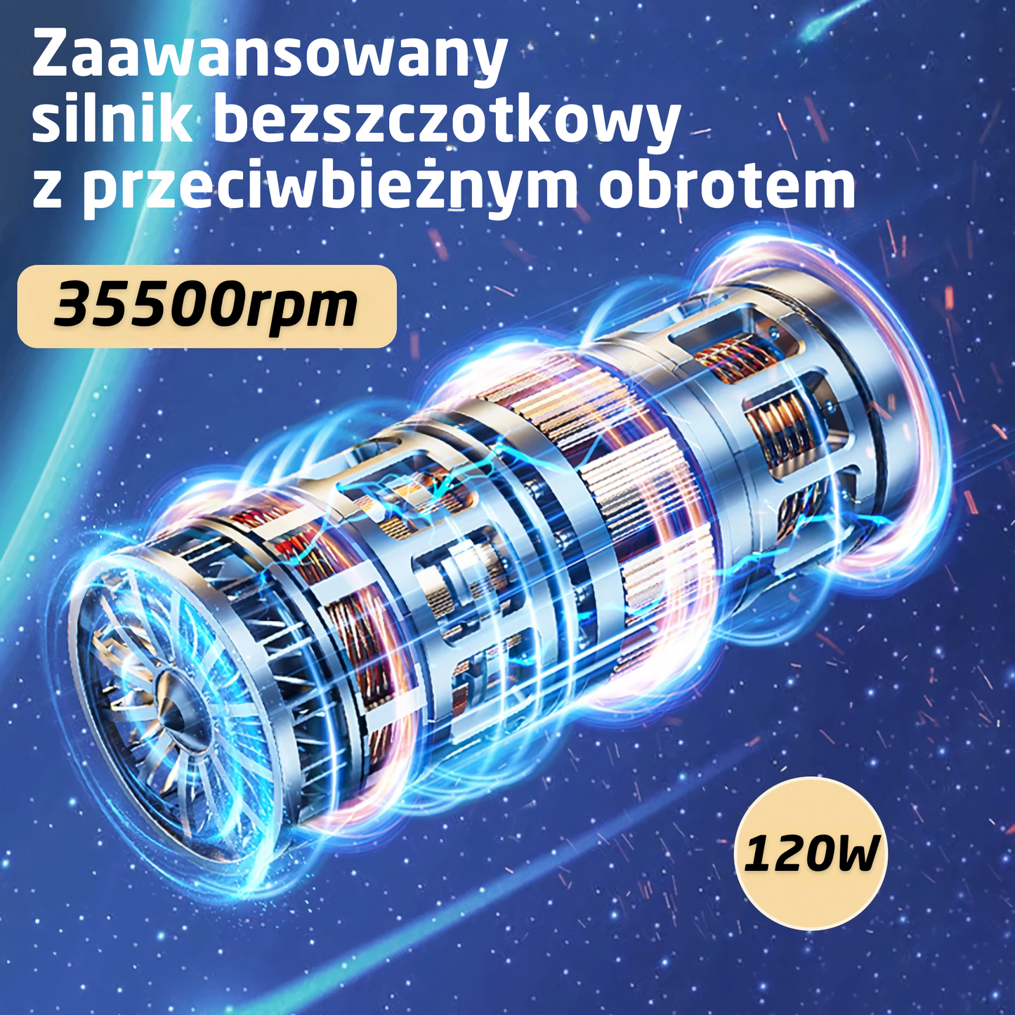 Zaawansowany silnik bezszczotkowy ForceWind Pro o mocy 120W i prędkości 35500 rpm, zwiększający siłę ssania aż do 8-krotności. Idealny do głębokiego czyszczenia.