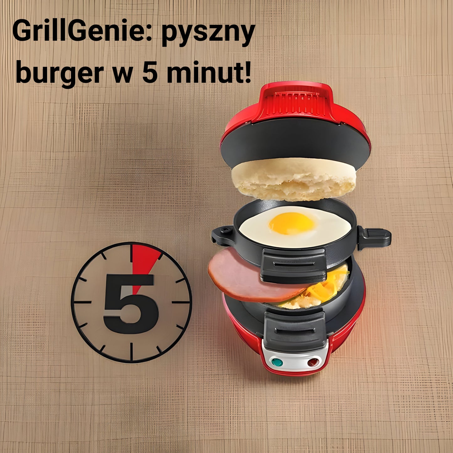 GrillGenie - urządzenie do przygotowania burgera w 5 minut. Idealne rozwiązanie do szybkich śniadań i przekąsek.